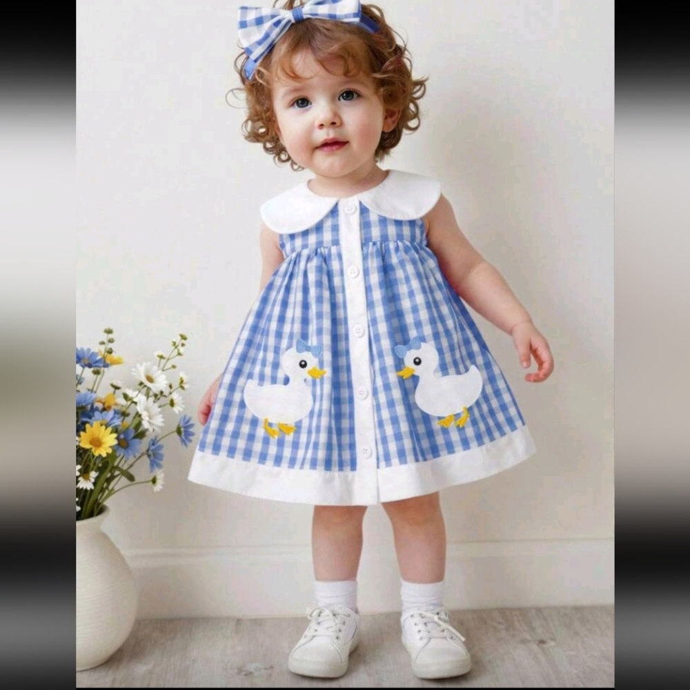Blue Gingham Baby Dress with Duck Appliqué